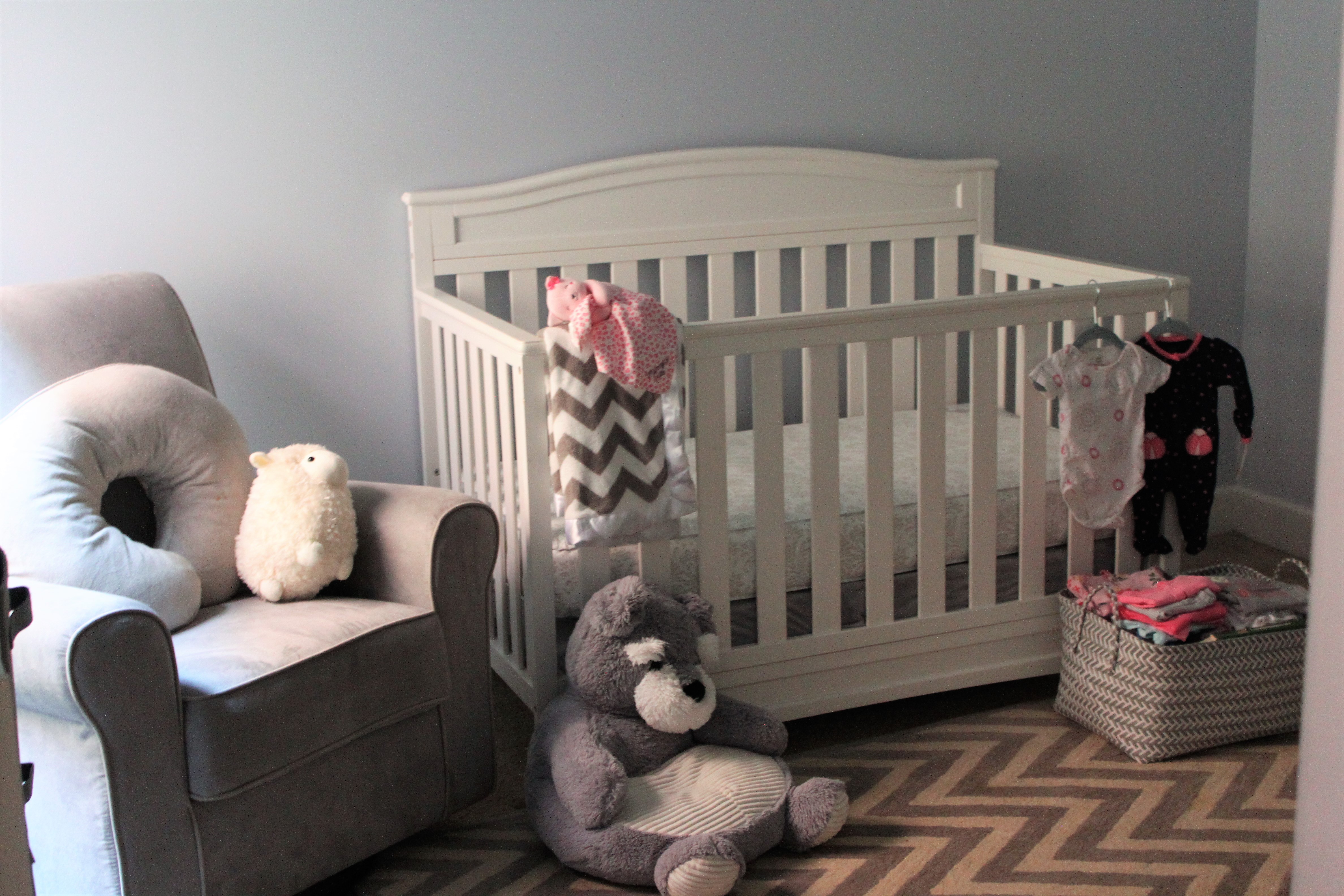 Our nursery essentials: crib, mattress, rocker