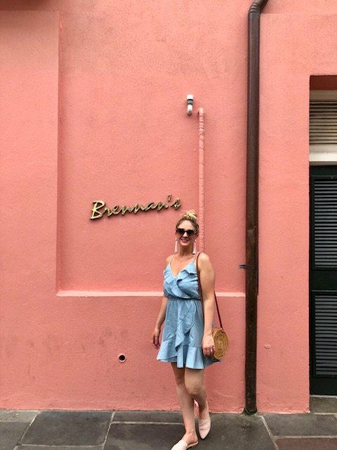 Brennan's New Orleans is such great place to brunch and has a courtyard for a la carte dining. It's colorful with all the pink and green. 