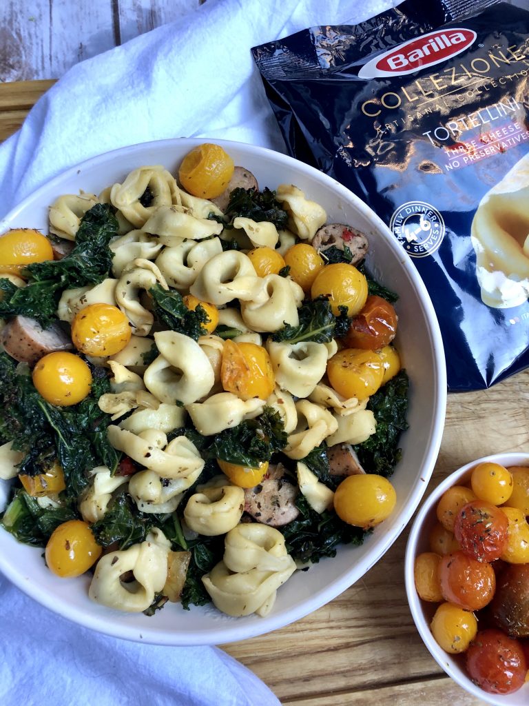 Barilla® Collezione 3 Cheese Tortellini with kale, chicken sausage and yellow tomatoes recipe. Ready in 30 minutes! 